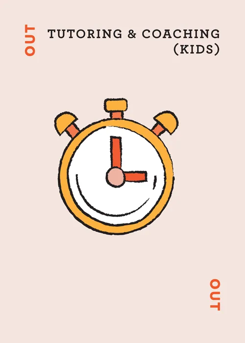Stopwatch illustration with text 'TUTORING & COACHING (KIDS)' above and 'OUT' below