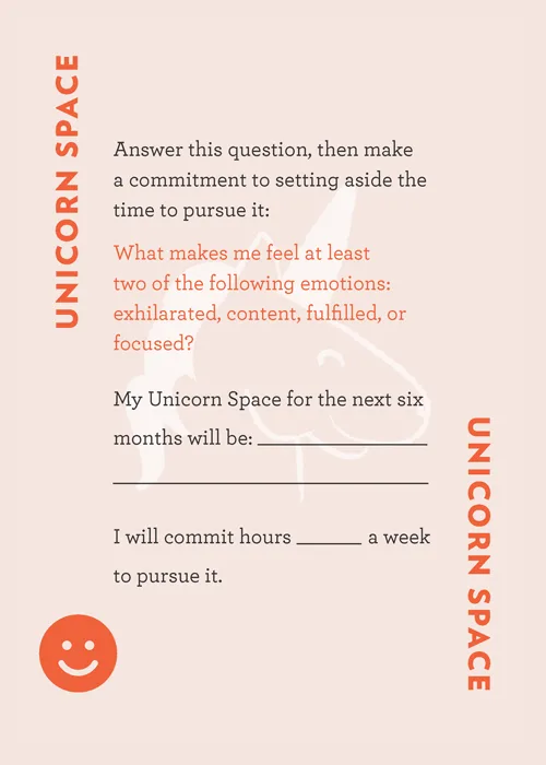Worksheet prompting users to identify their Unicorn Space and commit time to pursue it, with fill-in-the-blank sections