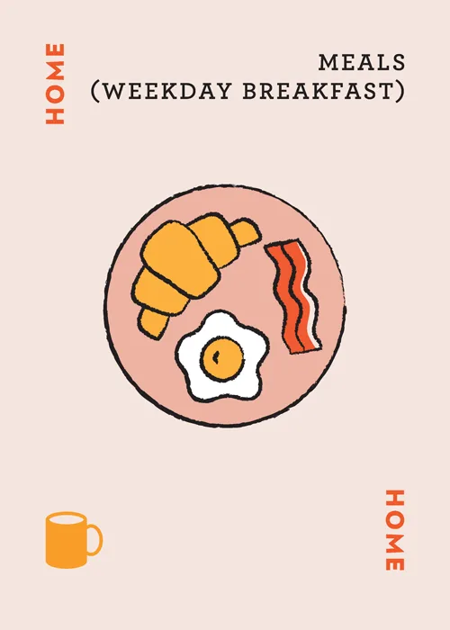 Illustration of weekday breakfast plate with croissant, fried egg, bacon, and coffee mug labeled 'HOME MEALS (WEEKDAY BREAKFAST) HOME'