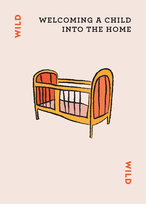 Illustrated baby crib with text 'Welcoming a Child Into the Home'