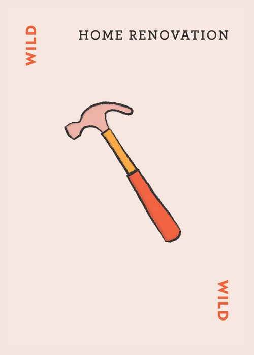 Hammer illustration with text 'HOME RENOVATION' and 'WILD'