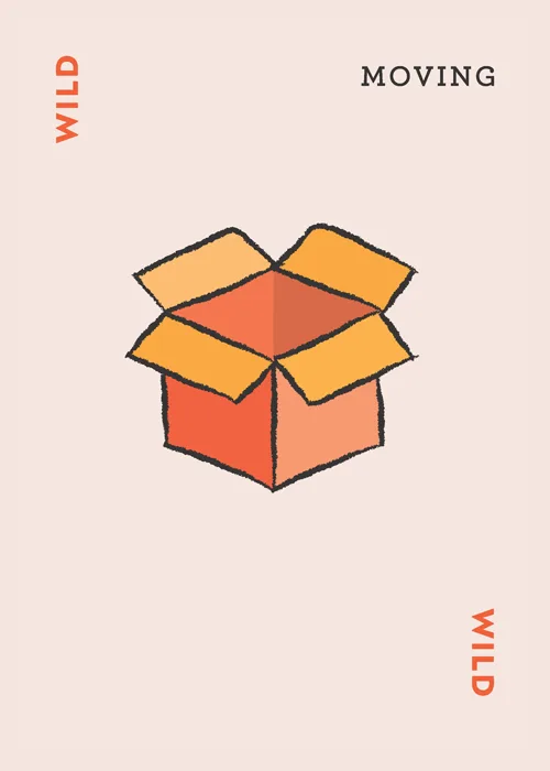 Open cardboard moving box illustration with text 'WILD' and 'MOVING'